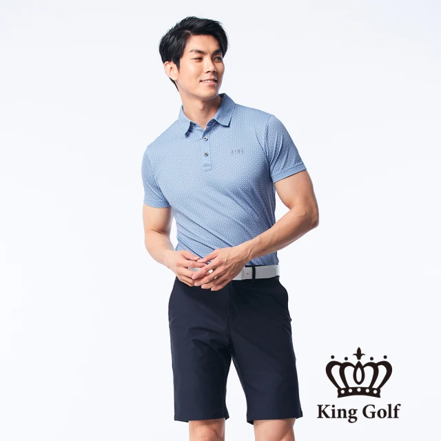 【KING GOLF】男款幾何菱格紋印花涼感短袖POLO衫/高爾夫球衫(深藍)