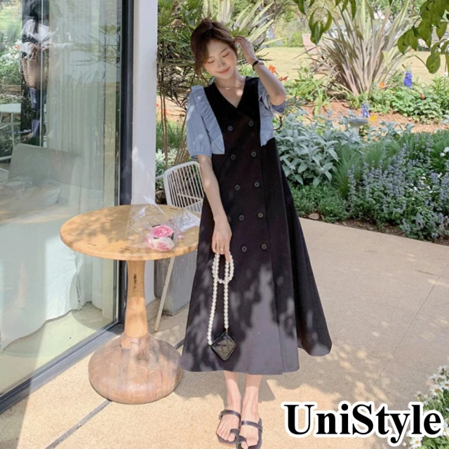 UniStyle【UniStyle】韓系優雅時尚撞色木耳邊雙排扣假兩件式短袖連身洋裝 女 ZM266-2238(黑)