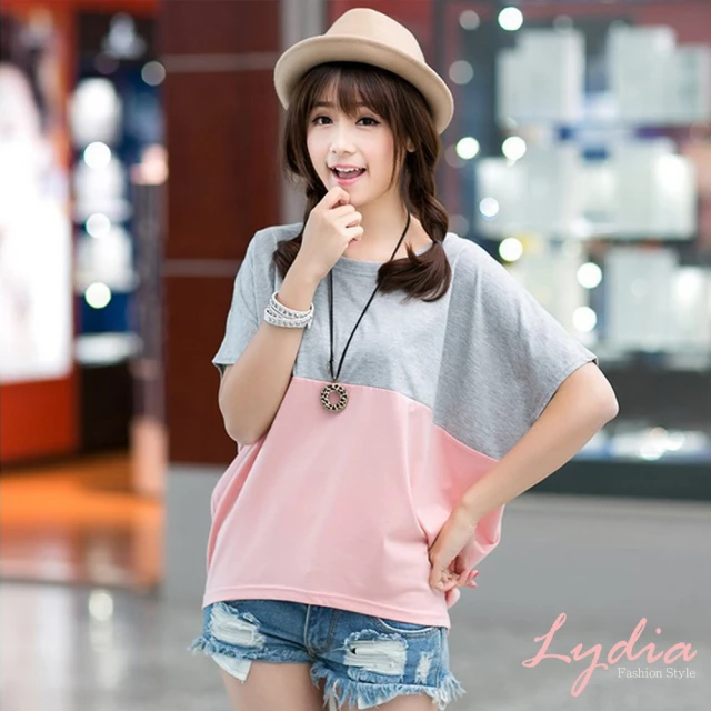 Lydia【Lydia】韓版寬鬆撞色拼接蝙蝠袖休閒上衣(灰粉/白藍 M.L.XL.2L)