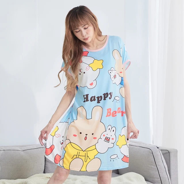 【Wonderland】睡衣 Happy Bear超薄牛奶絲居家休閒睡裙