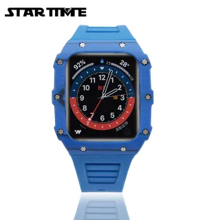 【STAR TIME】Apple Watch 4/5/6/7/SE 蘋果手錶保護殼 藍色系碳纖維 矽膠錶帶 44mm/45mm(碳纖維blue)