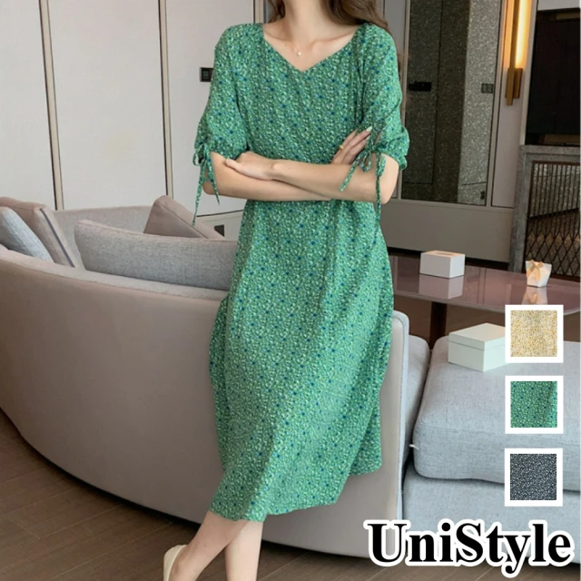 【UniStyle】韓版法式V領碎花泡泡短袖系帶收腰連身洋裝 女 EAY4182(黑 檸檬黃 橄欖綠)