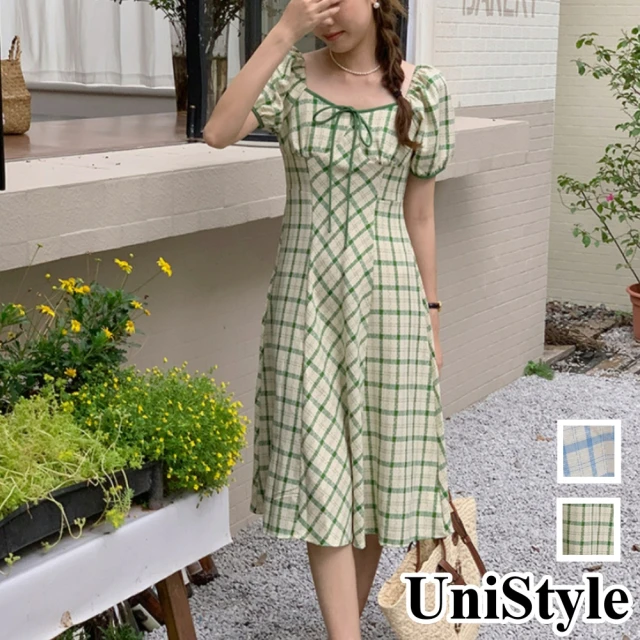 UniStyle【UniStyle】韓版法式復古格紋方領短袖連身洋裝 女 EAN110A(綠 藍)