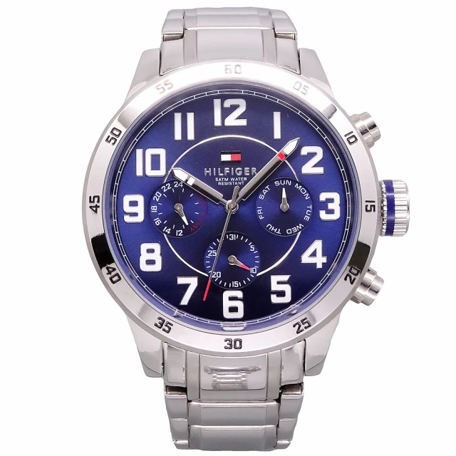 【Tommy Hilfiger】Tommy 美國時尚三眼流行鋼帶運動腕錶-藍面-1791053