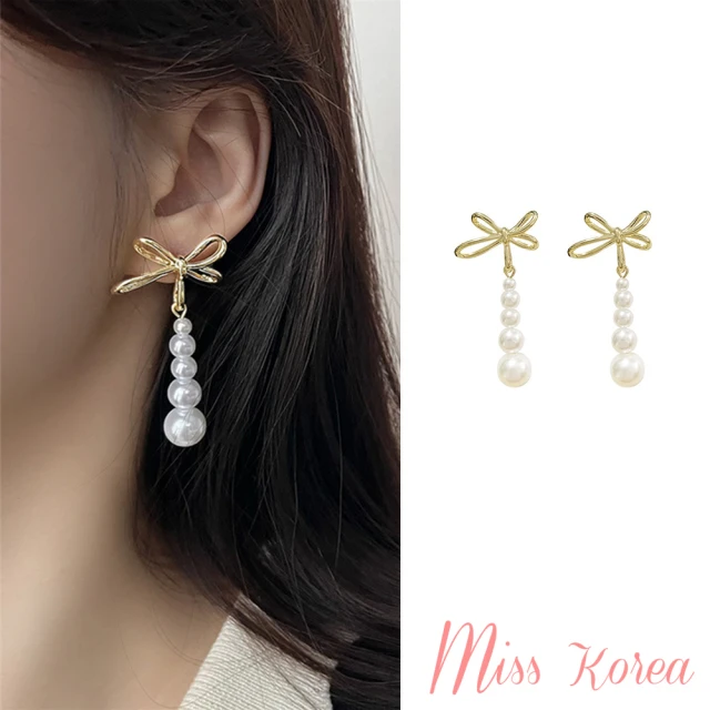 MISS KOREA【MISS KOREA】韓國設計S925銀針珍珠長墜蝴蝶結造型耳環(S925銀針耳環 珍珠耳環 蝴蝶結耳環)