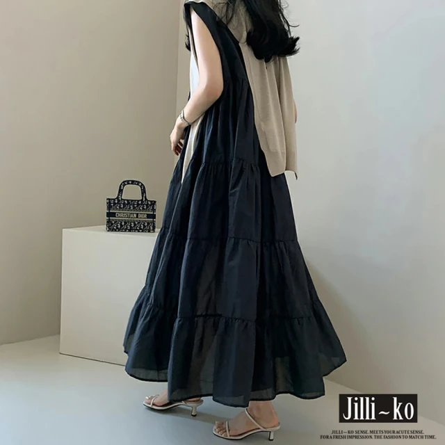 JILLI-KO【JILLI-KO】夏季新款純色層次拼接無袖連衣裙-F(灰/深藍)