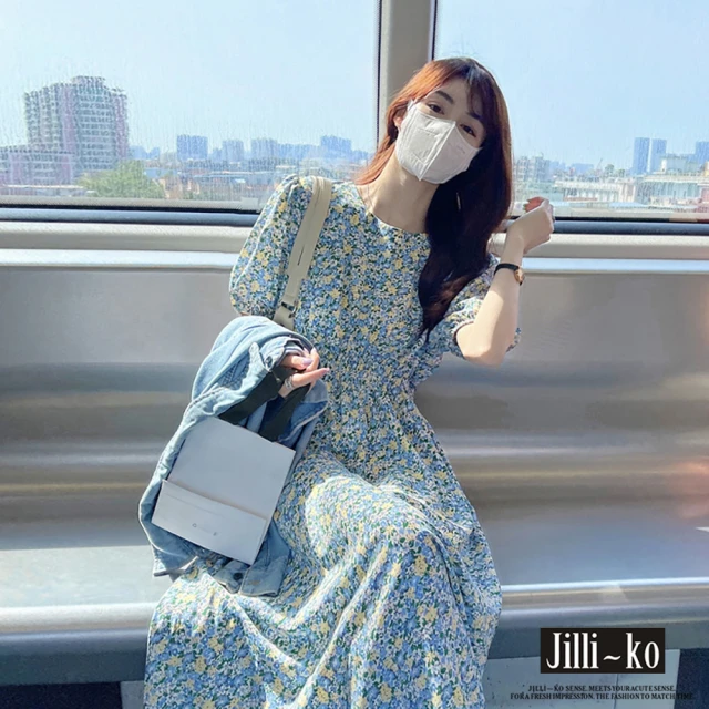 JILLI-KO【JILLI-KO】法式溫柔風小清新碎花氣質長款縮腰泡泡袖連衣裙-F(藍)