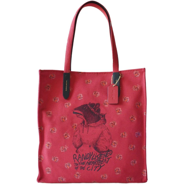COACH【COACH】專櫃款紅色可愛鼠X玫瑰印花帆布托特包