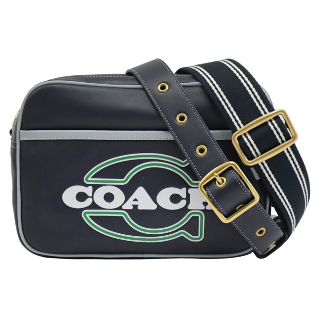 COACH【COACH】經典品牌LOGO雙寬背帶斜背包相機包(深藍)