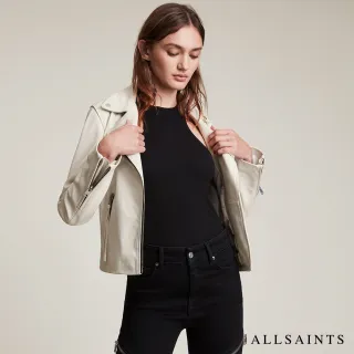 Allsaints Dalby 極簡風金屬細節羊羔皮騎士皮衣外套 白 Momo購物網