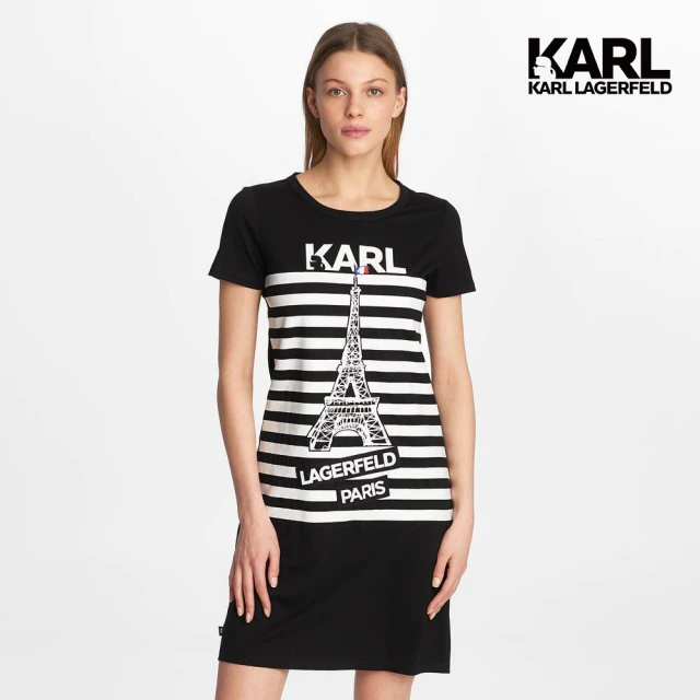 KARL LAGERFELD 卡爾【KARL LAGERFELD 卡爾】KARL 條紋巴黎鐵塔連身裙-黑(短棉T/連身長裙/一件式長裙/)