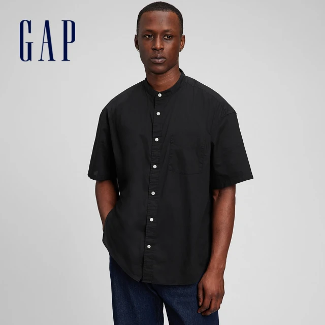 GAP【GAP】男裝 休閒商務立領短袖襯衫(875771-黑色)