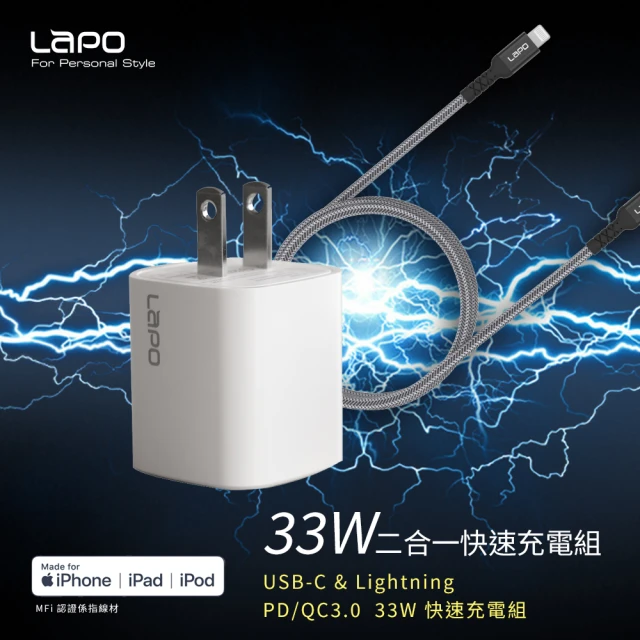 【LaPO】33W氮化鎵二合一快速充電組WT-PCL03(氮化鎵充電器+MFI認證傳輸線)