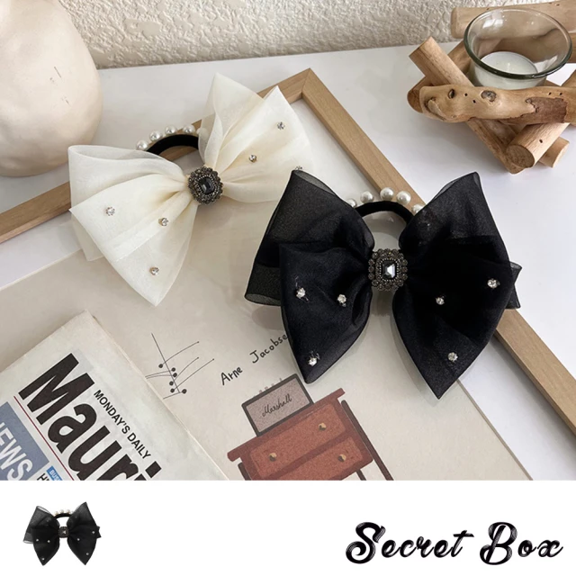 【SECRET BOX】水鑽髮圈 珍珠髮圈 蝴蝶結髮圈/華麗閃耀水鑽珍珠蝴蝶結造型大腸圈 髮圈(2色任選)