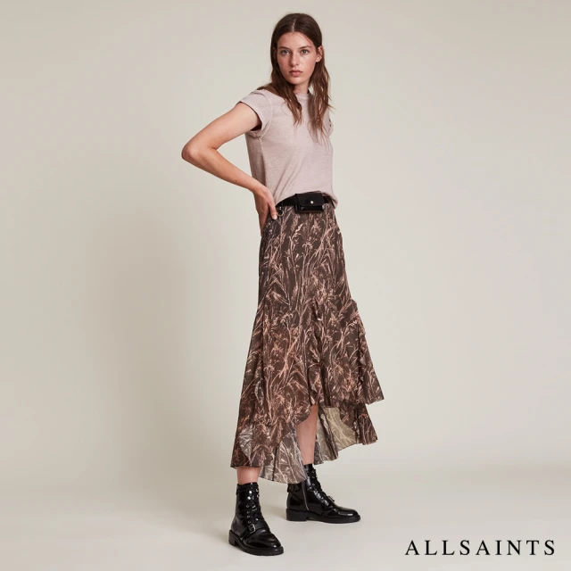 【ALLSAINTS】ILIA GRASMERE 輕盈飄逸人造絲不對稱印花中長裙(常規版型)