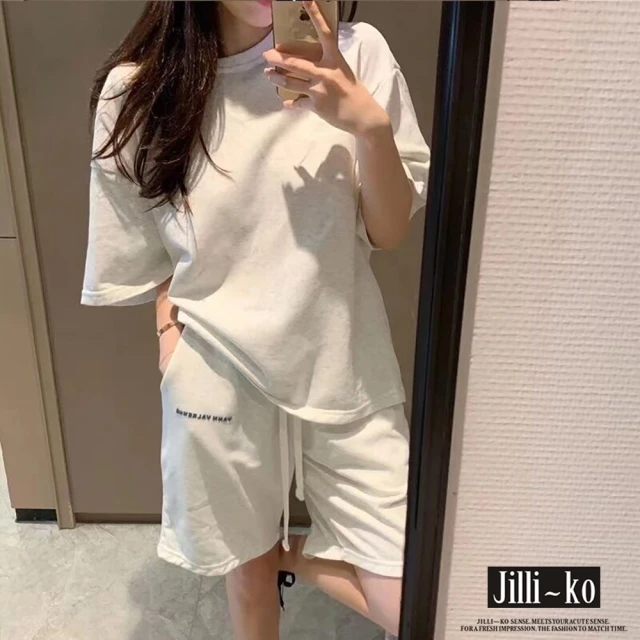 【JILLI-KO】兩件套夏季新款慵懶風寬鬆顯瘦休閒運動套裝-F(白)