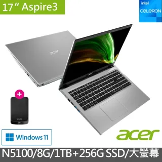 【1TB外接硬碟】Acer A317-33-C6ZM 17.3吋雙碟超值文書筆電-銀(N5100/8G/1TB+256G SSD/Win11)