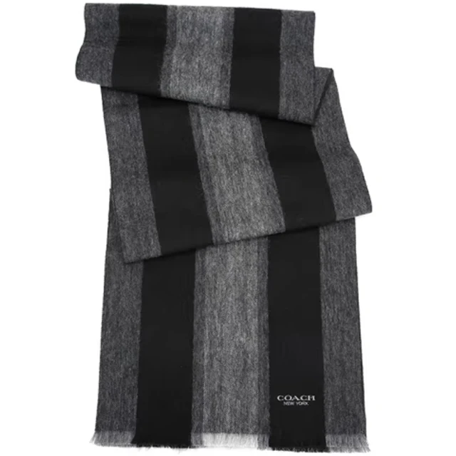 【COACH】黑X灰條紋混喀什米爾羊毛圍巾