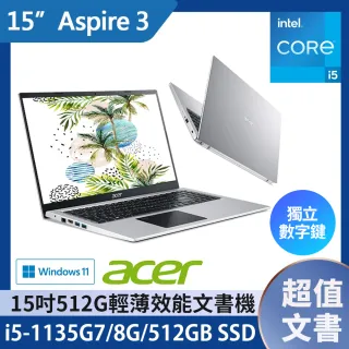 【Acer 宏碁】A315-58-59QH 15吋 超值文書筆電(i5-1135G7/8G/512GB SSD/Win11)