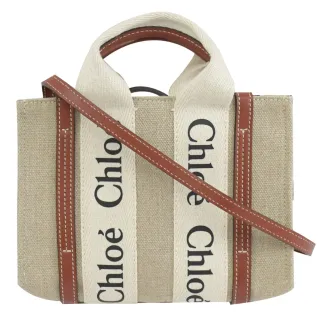 【Chloe’ 蔻依】Woody Mini 經典品牌LOGO織帶個性帆布小手提包兩用包(米/咖)