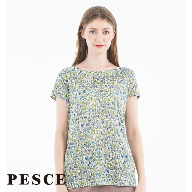 PESCE【PESCE】桑蠶絲圓領薄款印花短袖上衣(#印花#真絲#棉)
