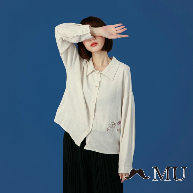 【maru.a】MU 手繪插圖刺繡長袖襯衫(卡其)
