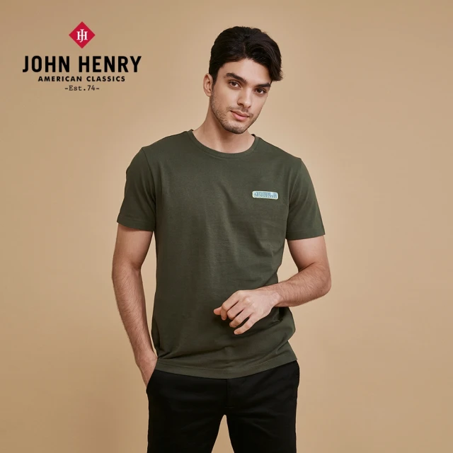 JOHN HENRY【JOHN HENRY】純棉布章刺繡短袖T恤-軍綠