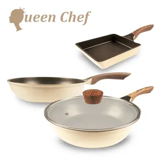 【Queen Chef】韓國Light Plus 鈦合金鑄造不沾鍋三鍋 28CM 4件組(炒鍋+平底鍋+蓋+玉子燒)