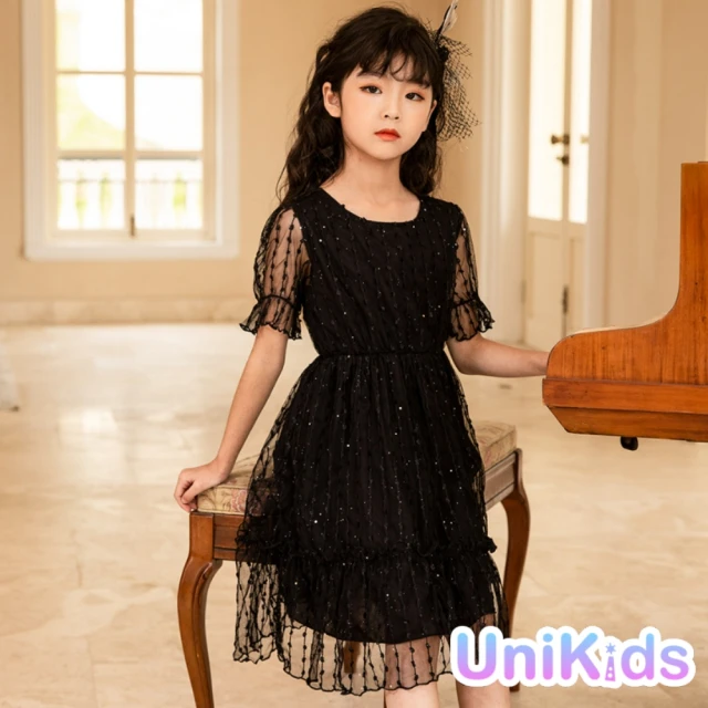 UniKids【UniKids】中大童優雅氣質黑色蕾絲短袖網紗連身洋裝公主裙小禮服 女大童 LL22310(黑)