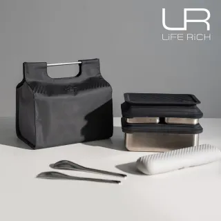【LiFE RiCH】Double Box 可微波不鏽鋼便當盒+伸縮上蓋共二個+餐具組+托特包(五色可選)