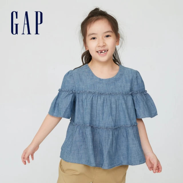 【GAP】女童 純棉分層褶皺短袖襯衫(856269-藍色)