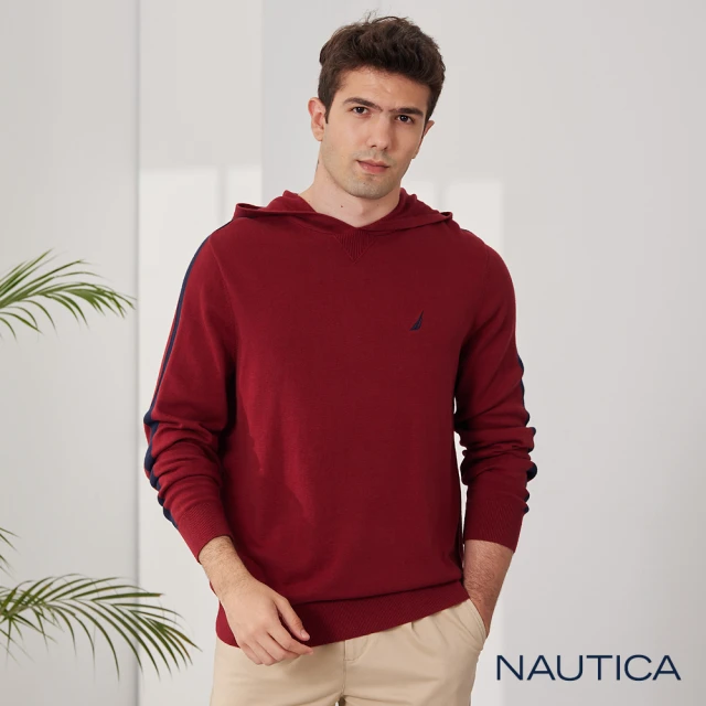 NAUTICA【NAUTICA】男裝簡約長袖連帽針織衫(暗紅)