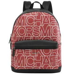 【Michael Kors】滿版英文MK LOGO尼龍前口袋手提旅用包後背包(黑紅)