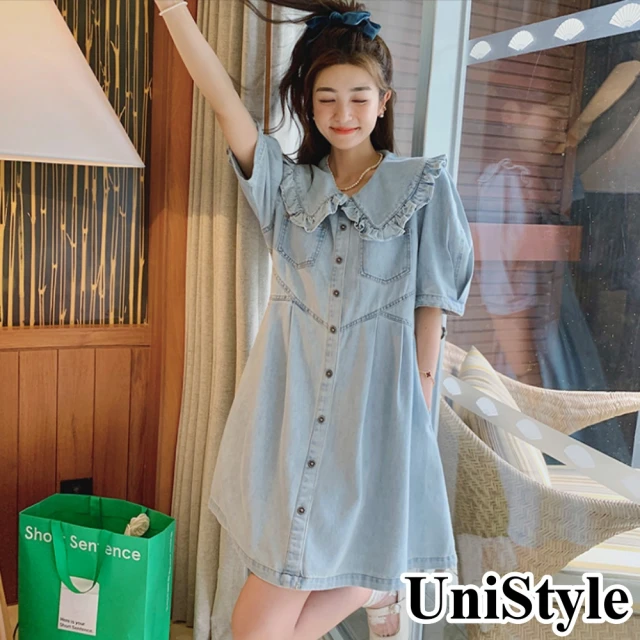 【UniStyle】韓系活力減齡木耳邊領口薄款娃娃裙牛仔短袖洋裝 女 ZMS8929(淡牛仔藍)