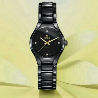 【Rado 雷達表】官方授權R6 True真我系列真鑽機械腕錶 30㎜黑陶瓷4鑽金標款-加高級錶盒(R27242712)