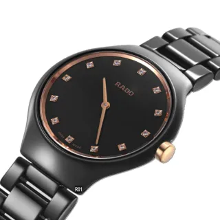 【Rado 雷達表】官方授權R6 True Thinline 真薄真鑽石英腕錶 30㎜黑陶瓷12鑽款-加高級錶盒(R27742722)