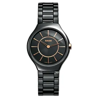 【Rado 雷達表】官方授權R6 True Thinline 真薄系列石英腕錶 30㎜黑陶瓷款-加高級錶盒(R27742152)