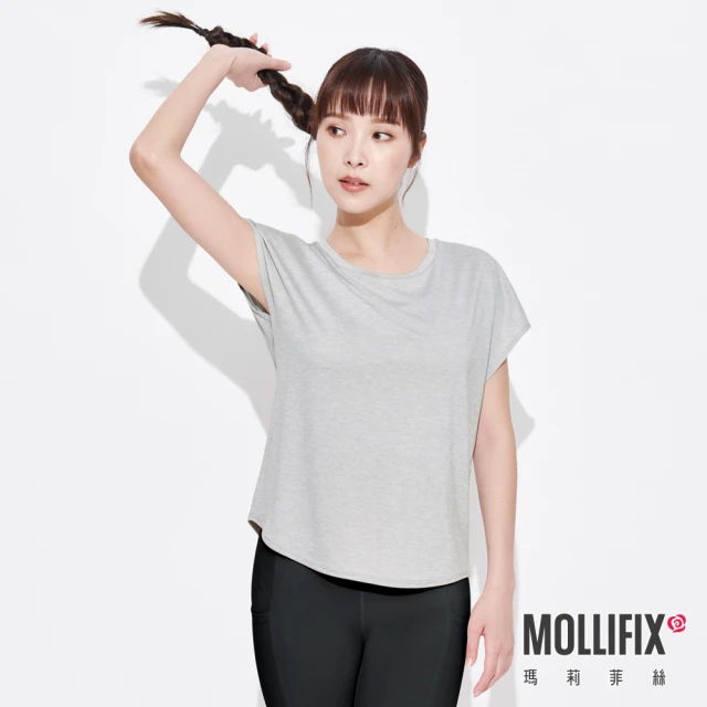 Mollifix 瑪莉菲絲【Mollifix 瑪莉菲絲】圓領落肩修身訓練上衣(百搭灰)