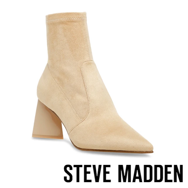 【STEVE MADDEN】ENLIST 絨布拉鍊尖頭中跟短靴(米杏色)