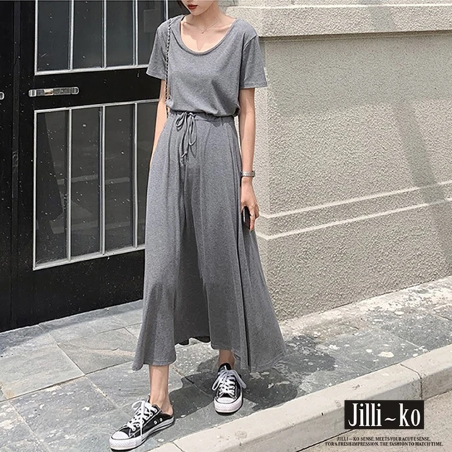 JILLI-KO【JILLI-KO】韓國風休閒寬鬆繫帶收腰圓領T恤連衣裙-F(黑/灰)