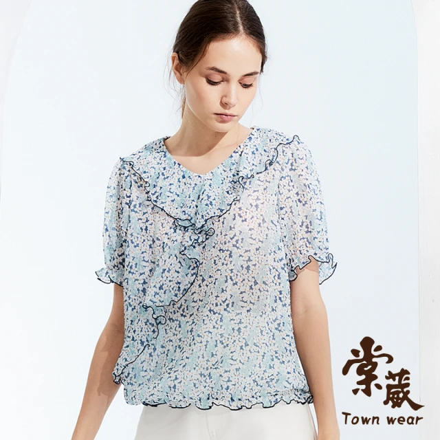 【TOWN’WEAR 棠葳】滿版花卉荷葉雪紡上衣(中大尺碼/荷葉袖/翻領)