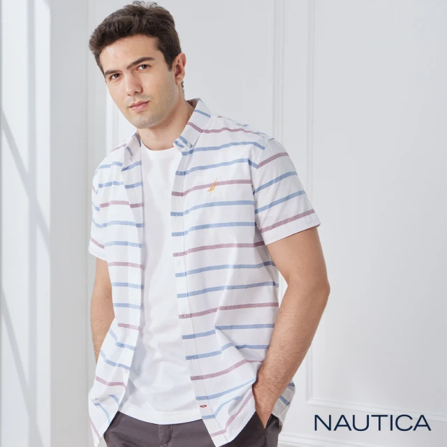 NAUTICA【NAUTICA】男裝清新橫條紋純棉短袖襯衫(白色)