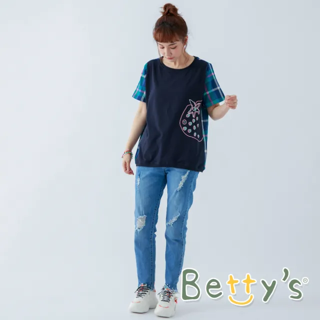 【betty’s 貝蒂思】水果繡線格紋袖T-shirt(藍色)