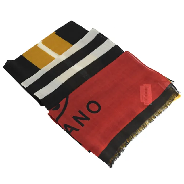 【MOSCHINO】經典英文LOGO條紋拼接純羊毛披肩薄領巾圍巾(黑紅)