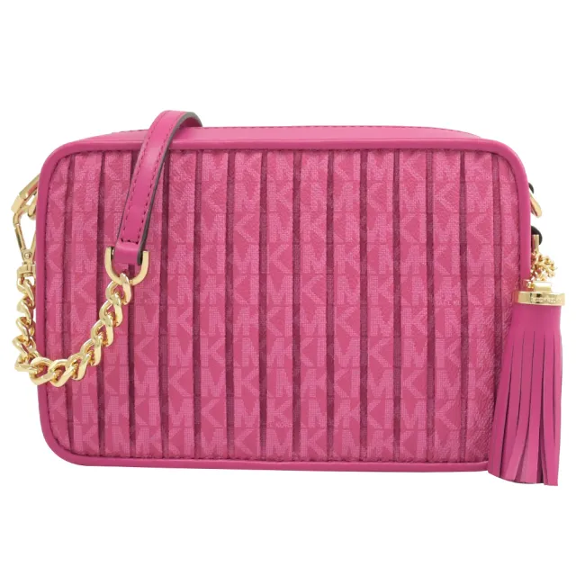 【Michael Kors】經典滿版MK印花皺摺流蘇吊飾方包斜背包(桃)