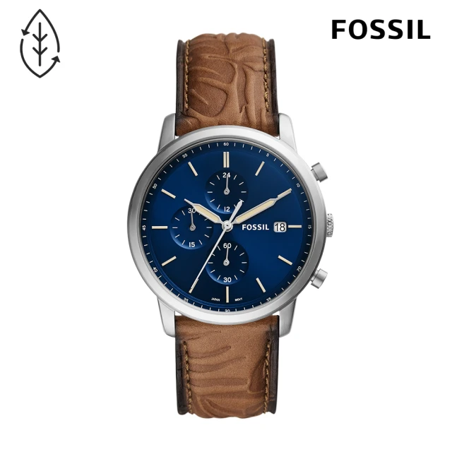 【FOSSIL】Minimalist 英倫型男三眼計時手錶 咖啡色環保製程皮革錶帶 42MM FS5928