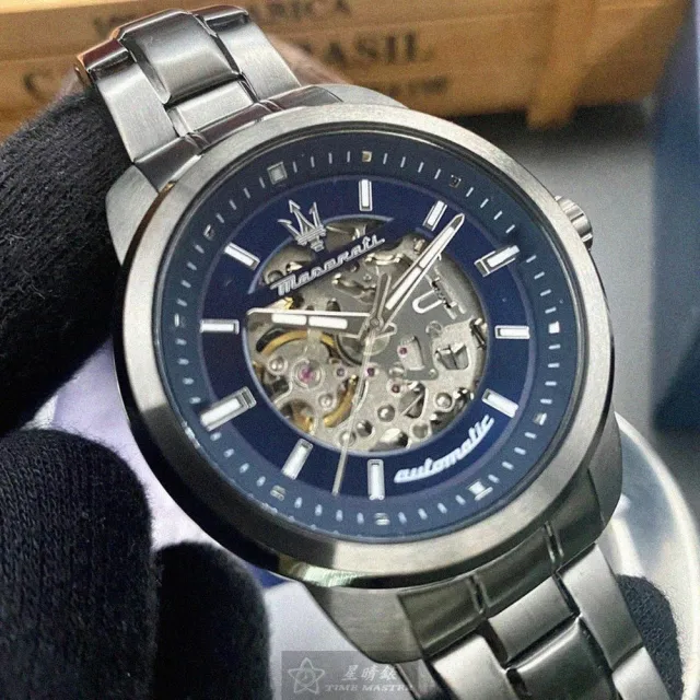 【MASERATI 瑪莎拉蒂】瑪莎拉蒂男錶型號R9823121001(寶藍色錶面黑錶殼深黑色精鋼錶帶款)