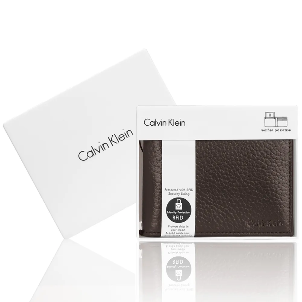 【Calvin Klein】CK荔枝紋皮革證件短夾精裝禮盒(深咖啡)