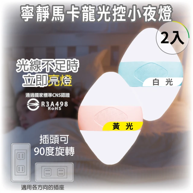 【明沛】寧靜馬卡龍光控小夜燈-90度旋轉插頭(光線不足自動亮燈 光線充足自動熄滅-MP8426-2入)