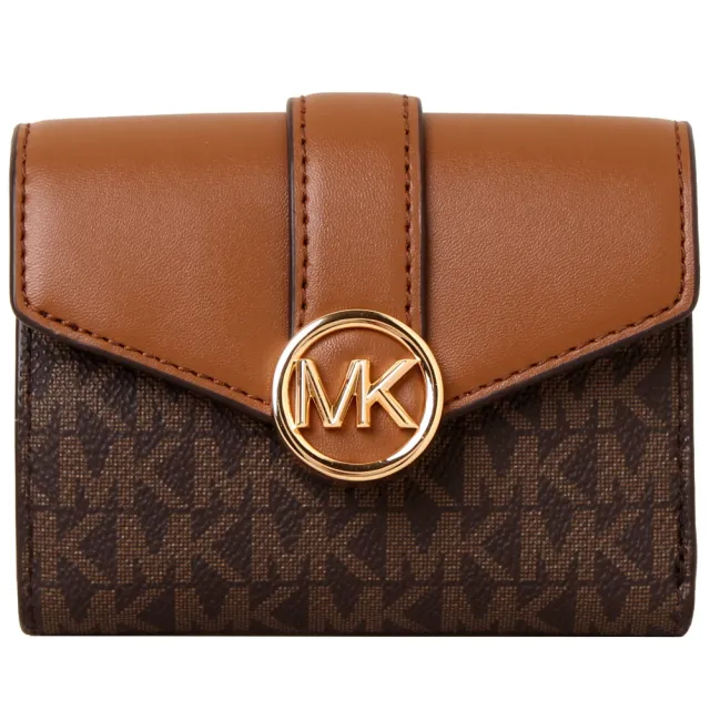 【Michael Kors】CARMEN立體LOGO滿版皮革拼接三折釦式短夾(咖啡)